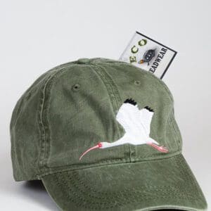 A green hat with an image of a bird on it.