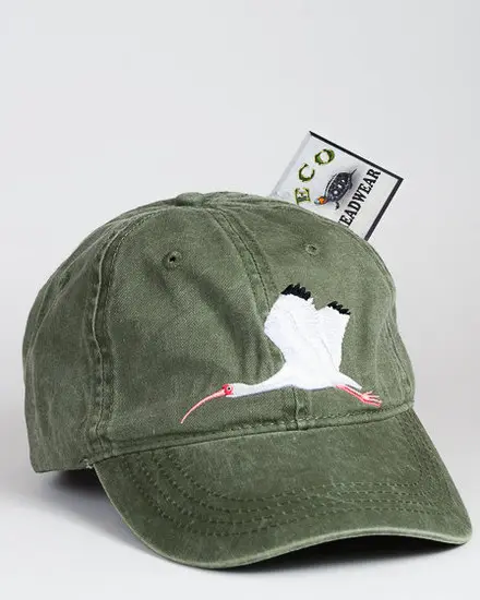 A green hat with an image of a bird on it.