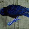 A black bird with blue feathers on it's back.