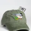 A green hat with a bird on it