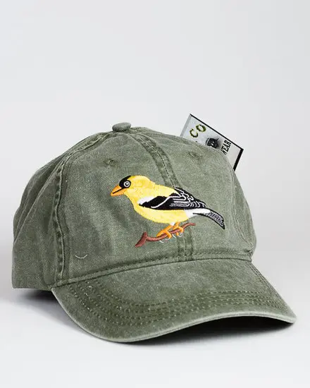 A hat with a bird on it is shown.