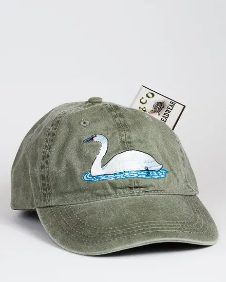 A green hat with a swan on it