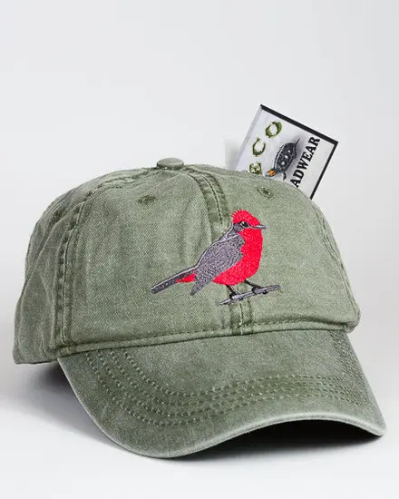 A green hat with a red bird on it