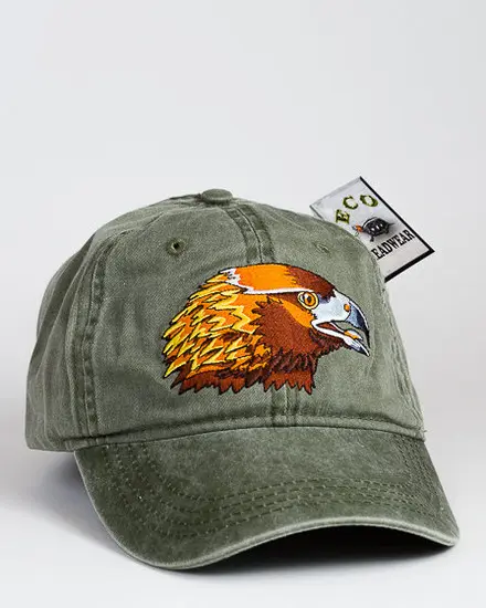 A green hat with an eagle on it