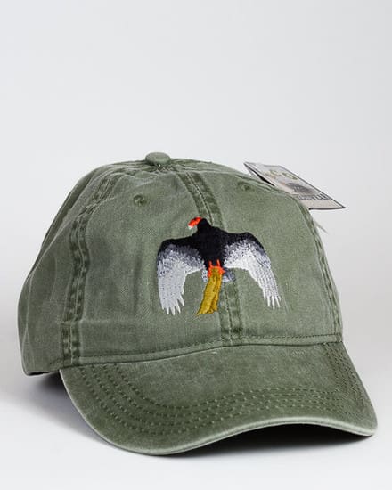 A hat with an image of a bird on it.