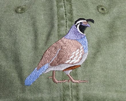 A bird is embroidered on the back of a green jacket.