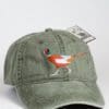 A green hat with an orange bird on it.