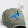 A green hat with a blue bird on it