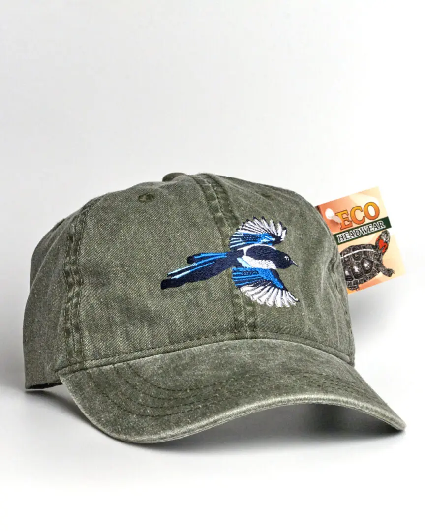 A Pileated Woodpecker Cap with a blue jay embroidered on it.