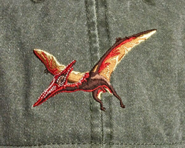 A Pileated Woodpecker Cap with a dinosaur embroidered on it.