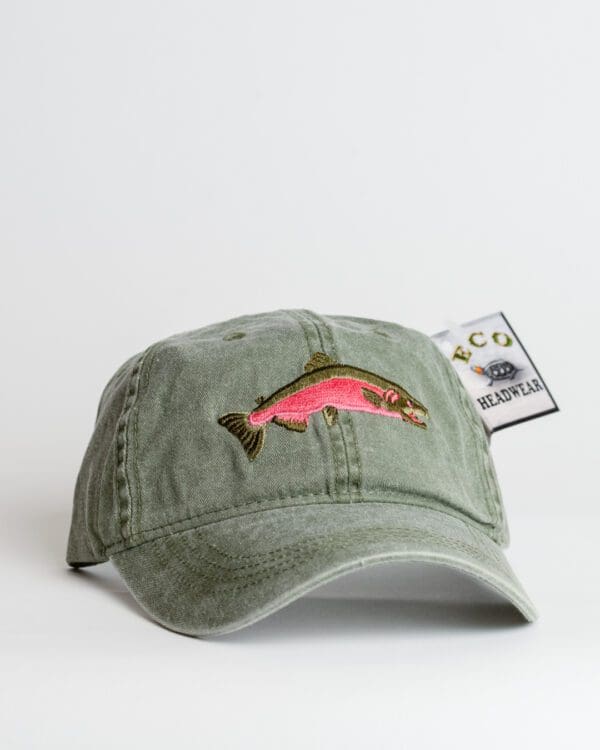 A hat with a fish on it is shown.