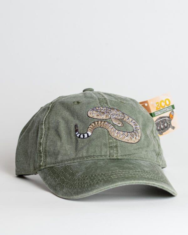 A green hat with an image of a snake on it.