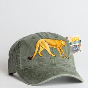 A green hat with an embroidered yellow cat on it.