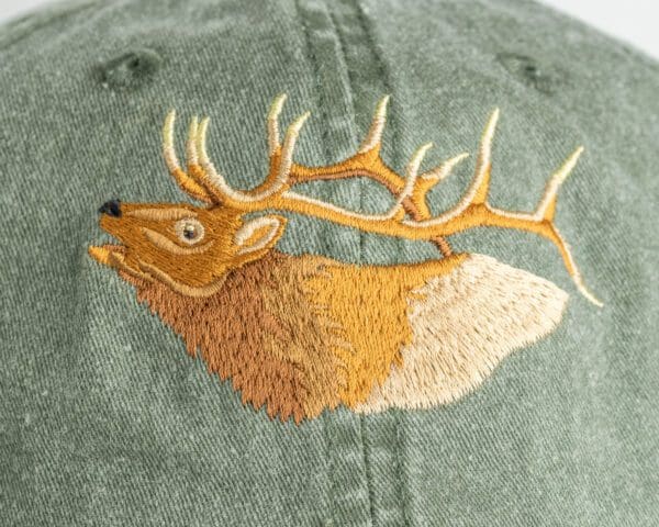 A close up of the deer 's head on a hat