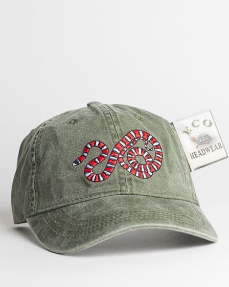 A green hat with a red and white snake on it.