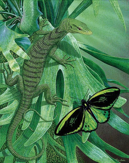 A painting of a lizard and butterfly on the leaves.