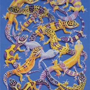 A painting of many different lizards on a blue background