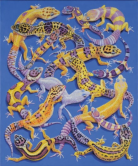 A painting of many different lizards on a blue background