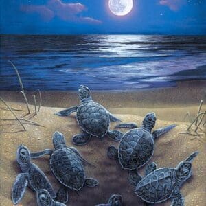 A painting of baby turtles on the beach