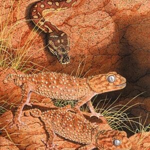 A painting of three lizards in the dirt.