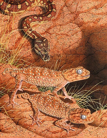 A painting of three lizards in the dirt.