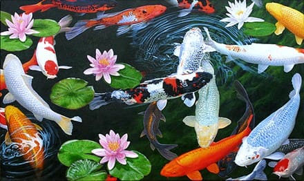 A painting of koi fish swimming in the water.