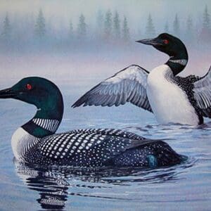 A painting of two ducks floating on top of water.