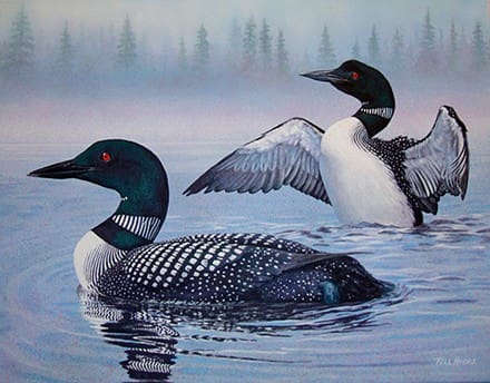 A painting of two ducks floating on top of water.