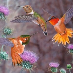 A painting of three hummingbirds flying over purple flowers.