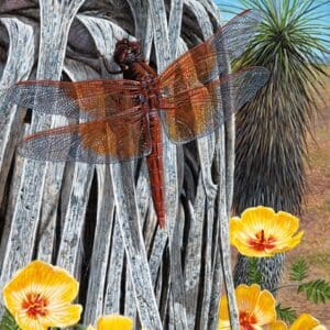 A painting of a red dragonfly in front of yellow flowers.