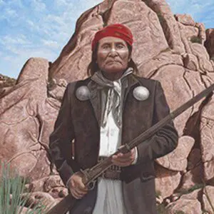 A painting of an indian with a rifle in front of a rock formation.