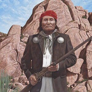 A painting of an indian with a rifle in front of a rock formation.