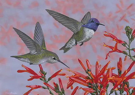 Two hummingbirds are flying around a flower.