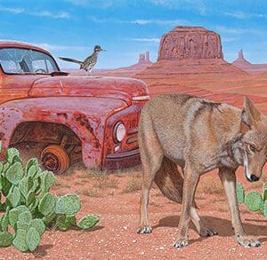 A painting of a dog and an old truck