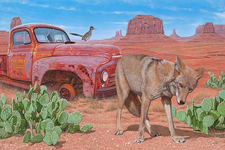 A painting of a dog and an old truck