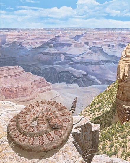 A painting of the grand canyon and its surroundings