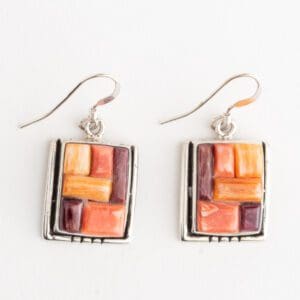 A pair of earrings with different colored squares.