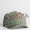 A green hat with an embroidered spider on it.