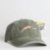 A green hat with a fish on it