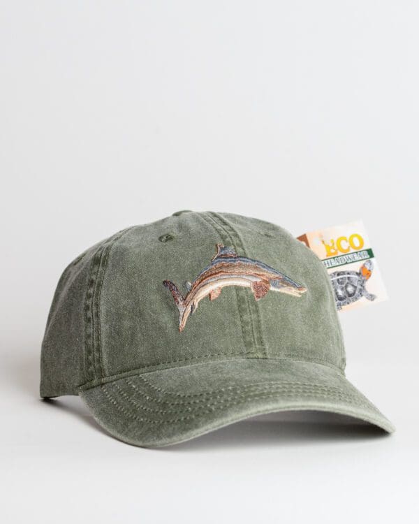 A green hat with a fish on it