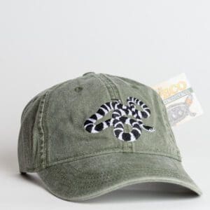 A baseball cap with an image of a snake on it.