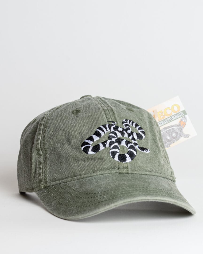A baseball cap with an image of a snake on it.