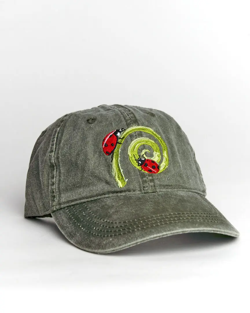 A green hat with a red and yellow snake on it.