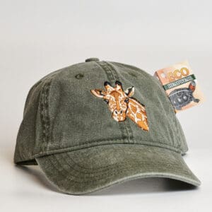 A green hat with a Giraffe on it.